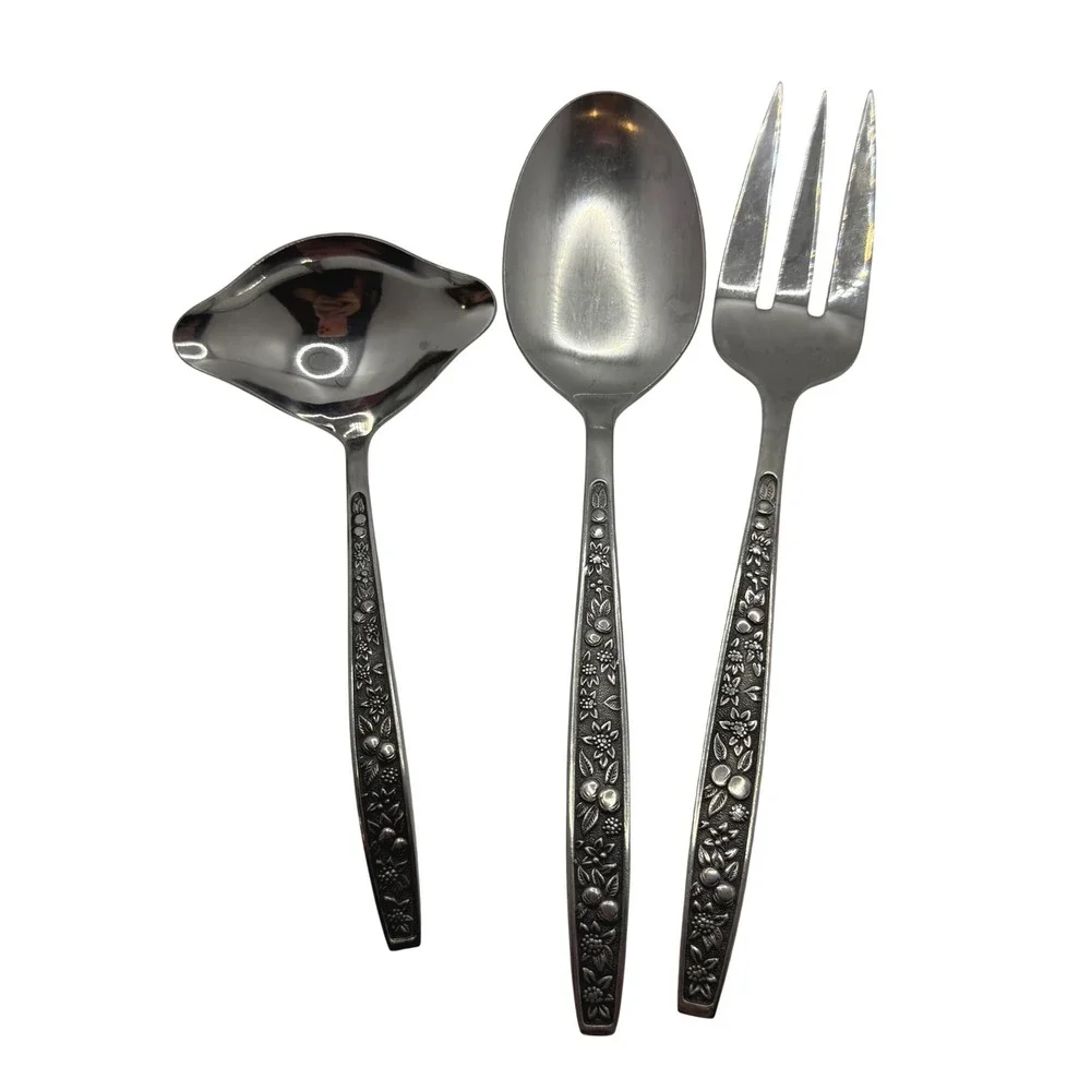 Pageant Stainless Japan Harvest Serving‎ Set Ladle Spoon Meat Fork 3pc Floral